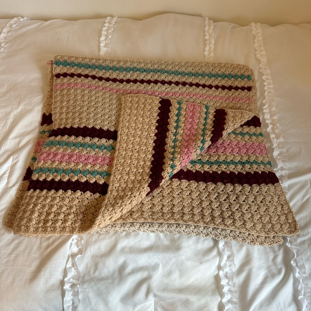 Handmade Crochet Blanket with Multicolor Stripes. Cozy for Living Room Decor